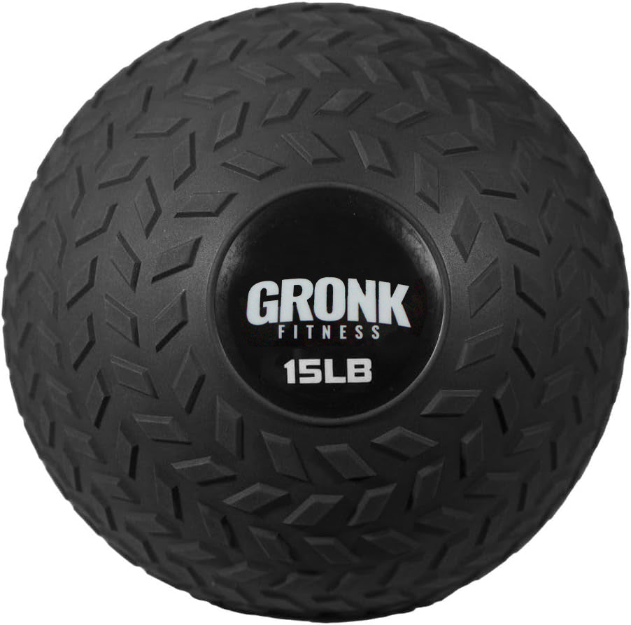 Gronk Fitness 15 lb slam ball with black diamond-tread surface and logo