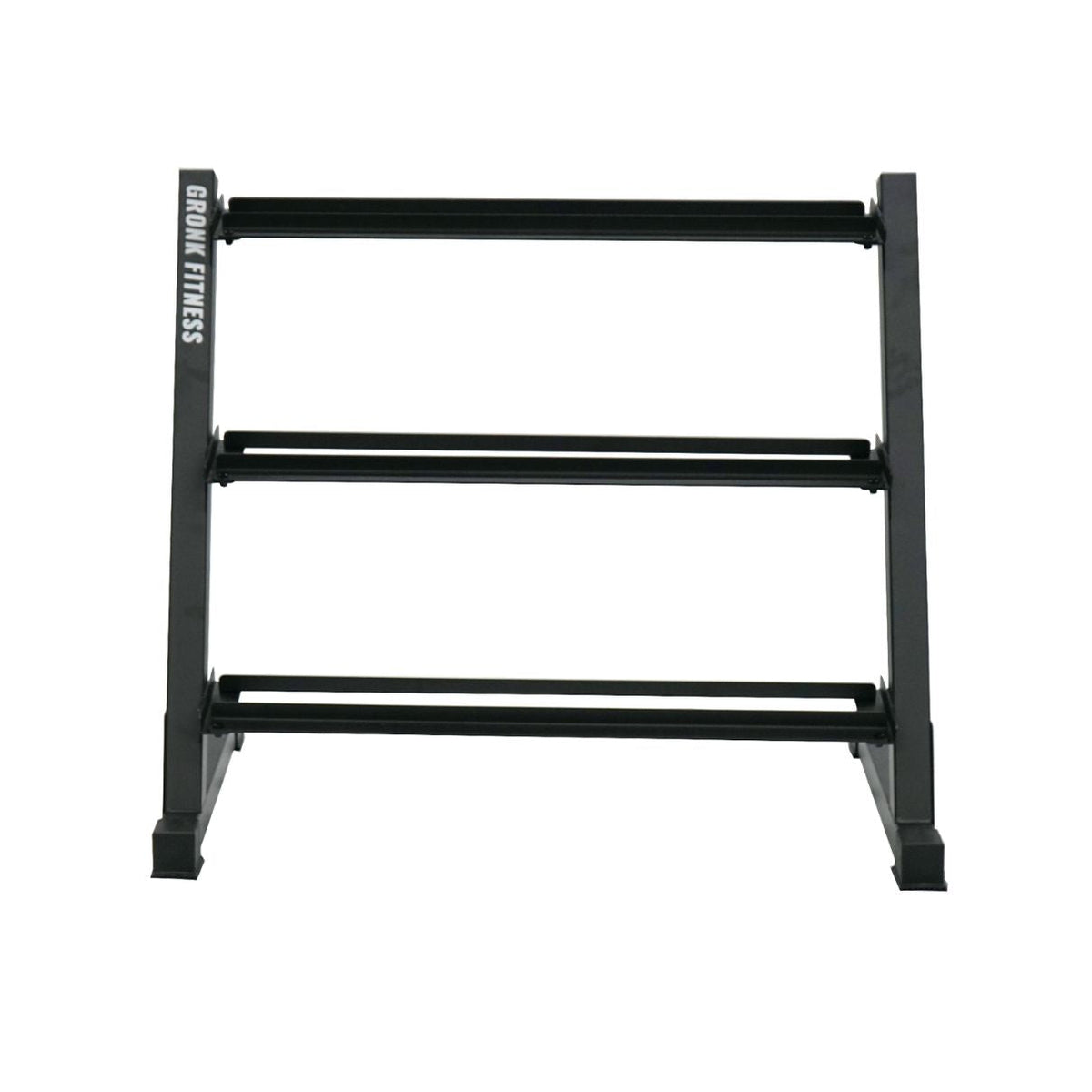 Gronk Fitness 5–50 lb rubber hex dumbbell set on the 3-tier saddle-rail rack — front view