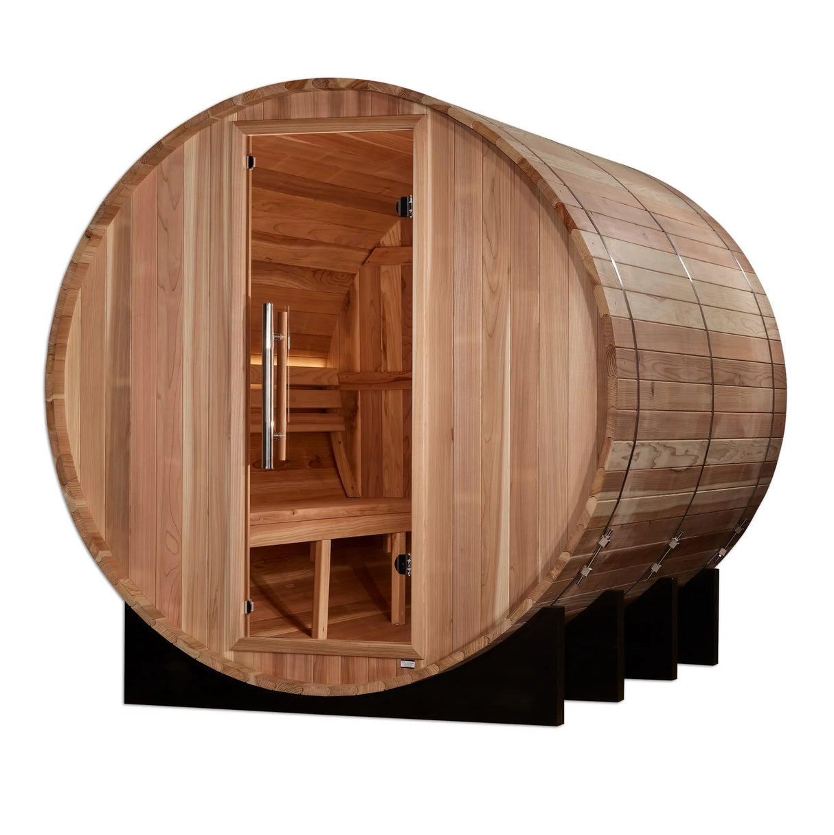Golden Designs "Klosters" 6 Person Barrel Traditional Sauna - Pacific Cedar Golden Designs Recovery; foam rollers, advanced rollers, stretch and massage GDI_B006_01_3_3x3_0a9d6385-b3c1-482d-bae7-f1b1c6eeb3f5-scaled