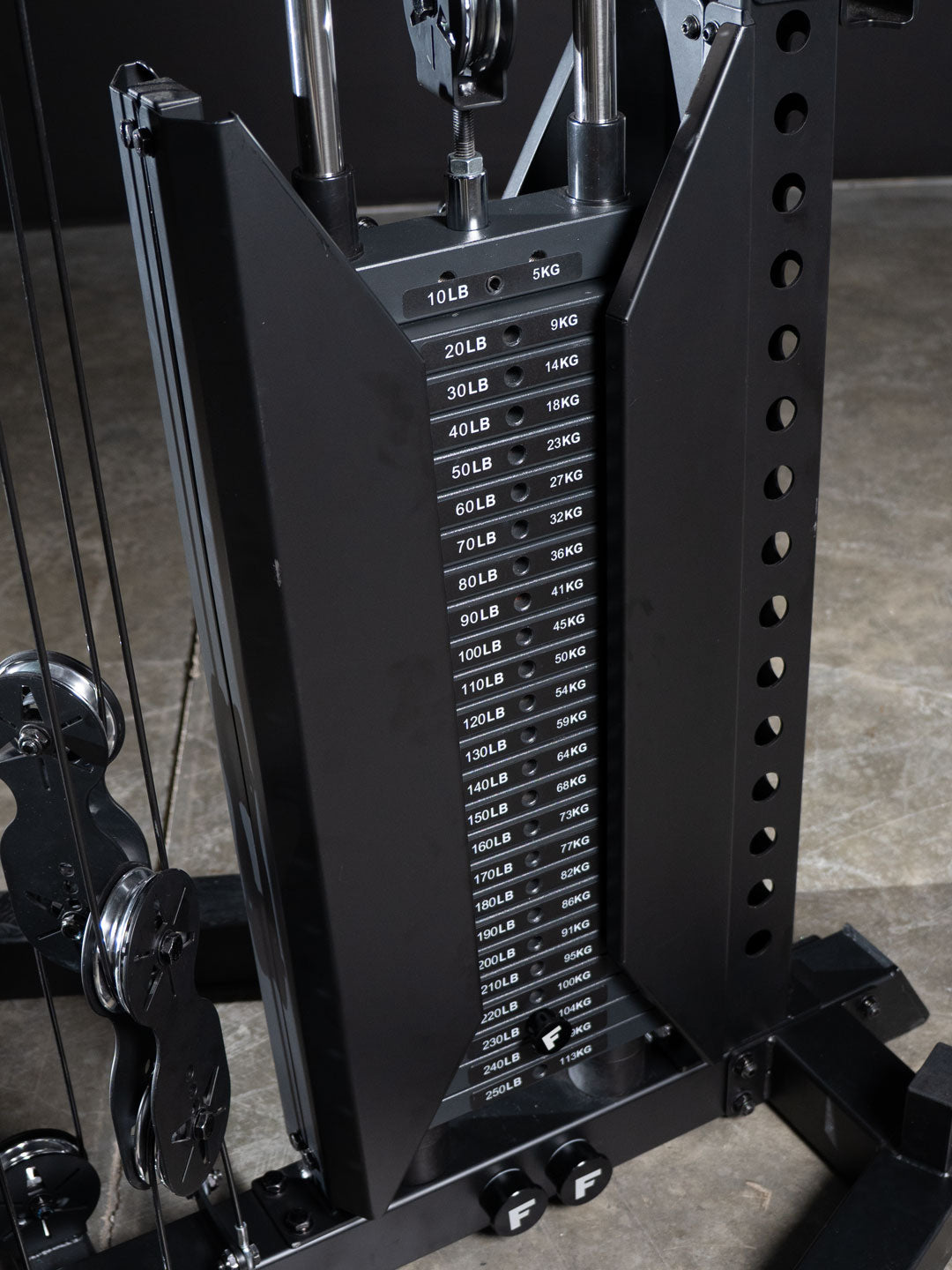 Force USA 50 lb Weight Stack Upgrade — installed stack labeled to 250 lb