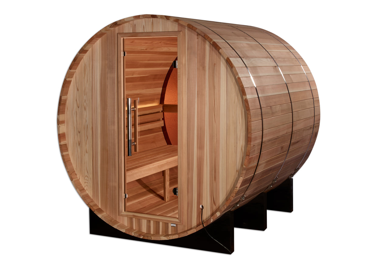 Four person cedar barrel sauna with glass door, angled left
