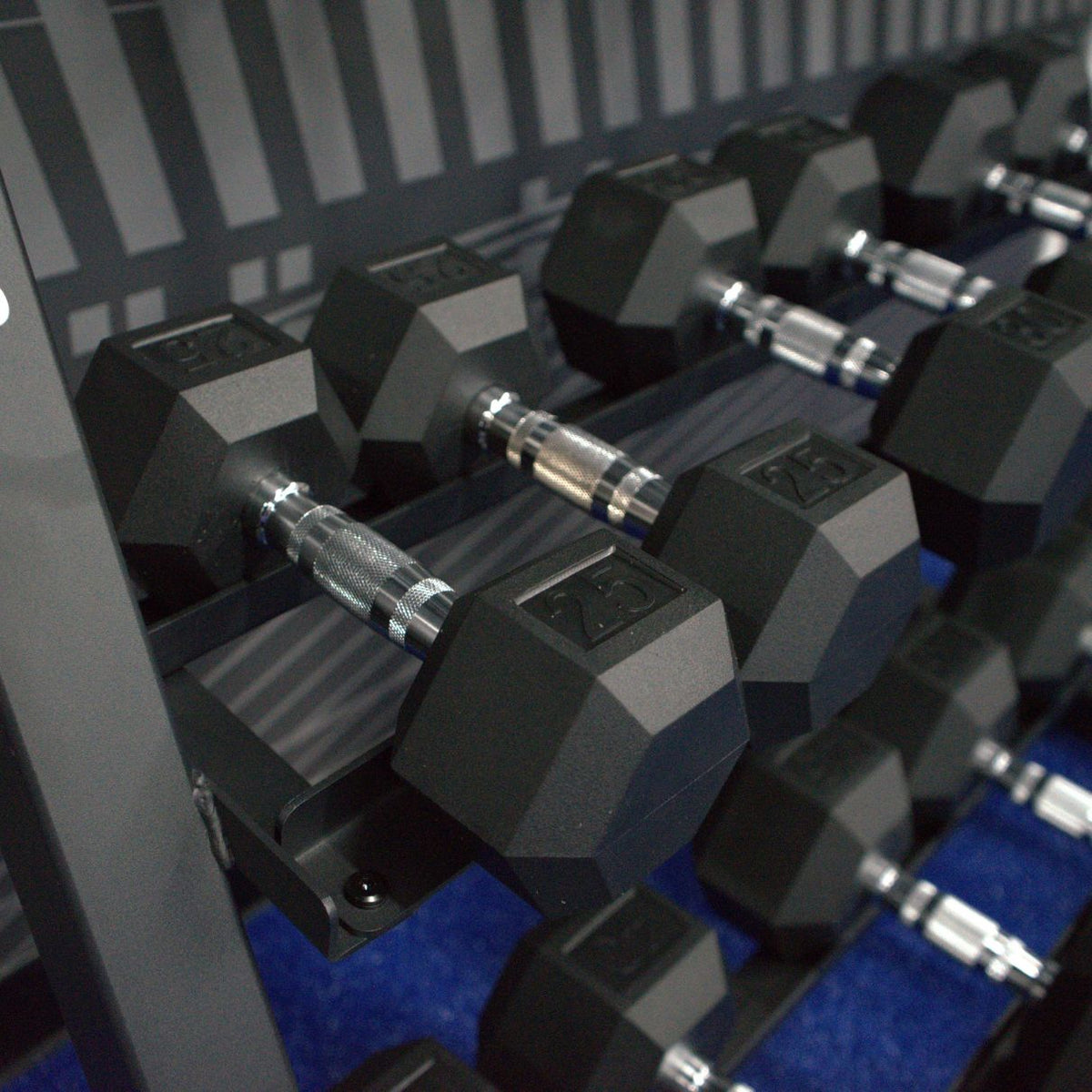 Gronk Fitness 3-tier dumbbell rack branding and frame detail