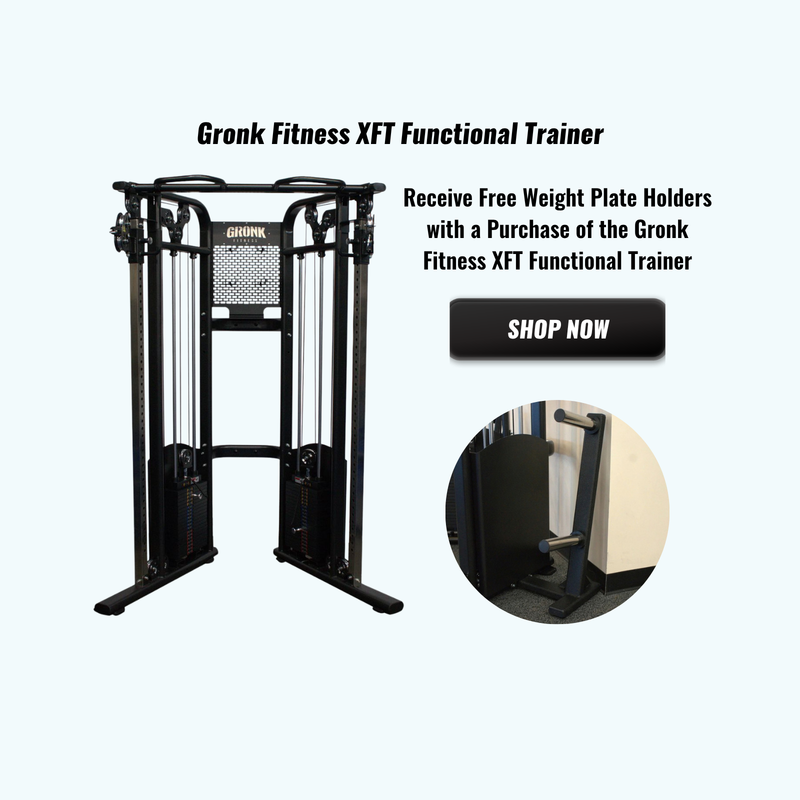 Gronk Fitness XFT functional trainer with free weight plate holders included with purchase.