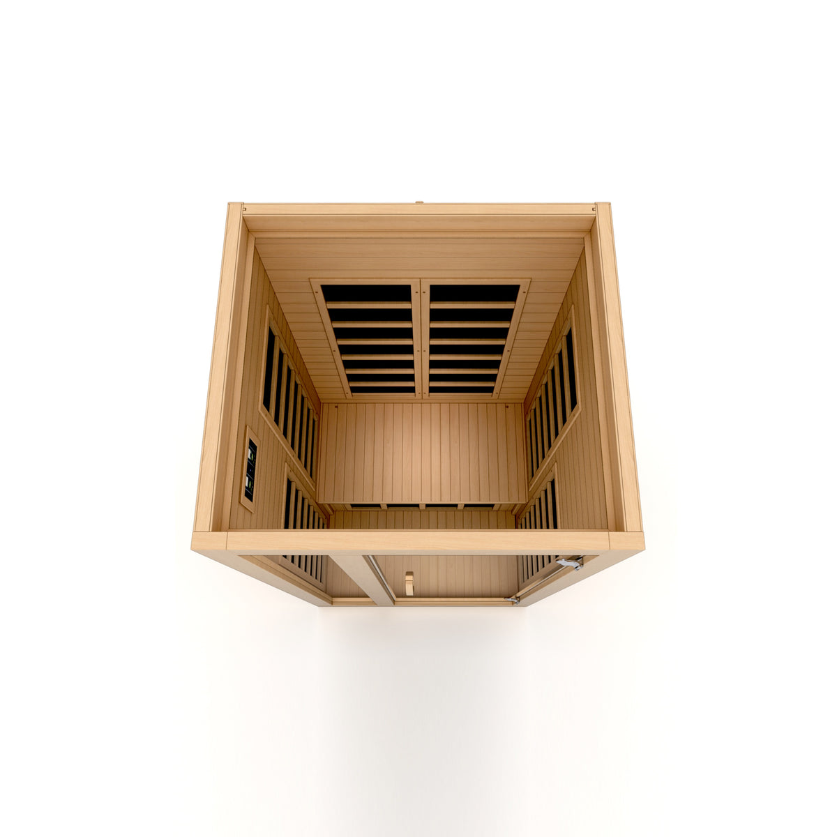 Overhead view into the cabin showing heater placement on three walls