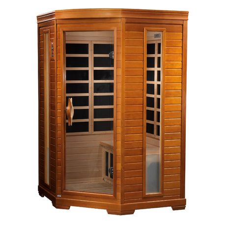 Corner cabinet from a slight angle showing the side glass panels