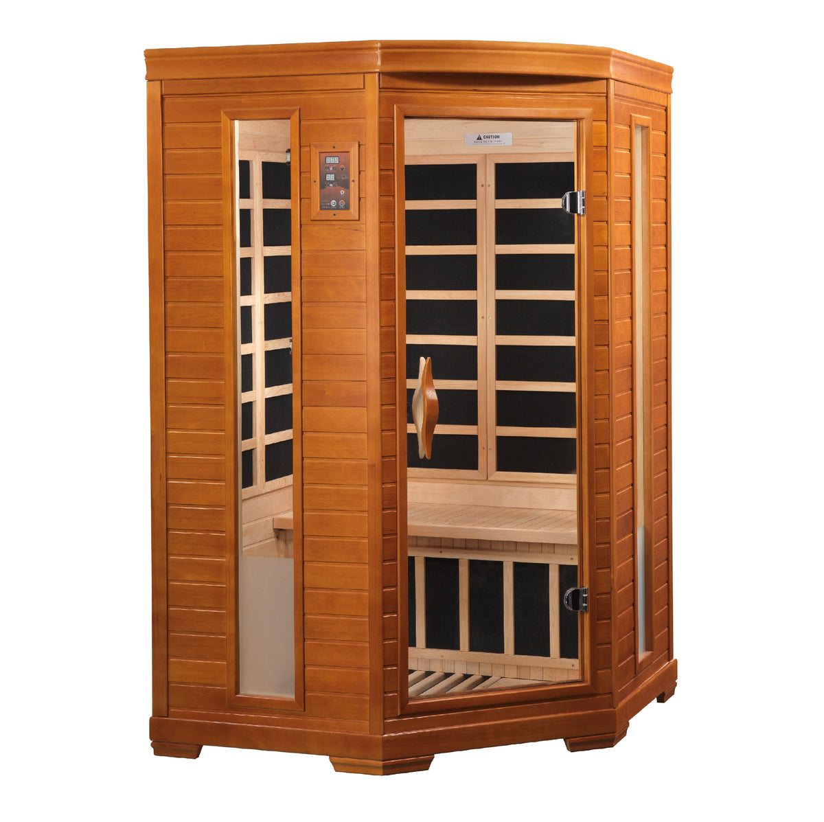 Two person corner far infrared sauna in hemlock with angled glass door