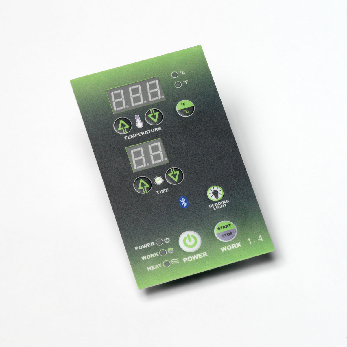 Digital interior control panel with temperature, timer and lighting buttons