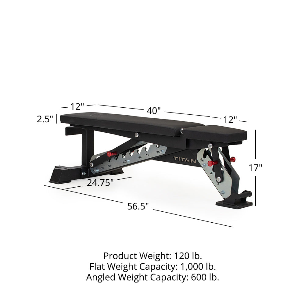 Dynamic Titan Stand Up Bench with labeled dimensions and capacities