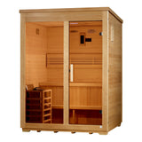 Three person traditional outdoor sauna in hemlock with glass front and flat roof, angled left