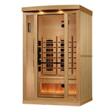 Two person full spectrum sauna in hemlock with glass door and lit Himalayan salt bar