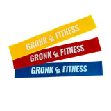 Gronk Fitness mini-bands in yellow, red, and blue