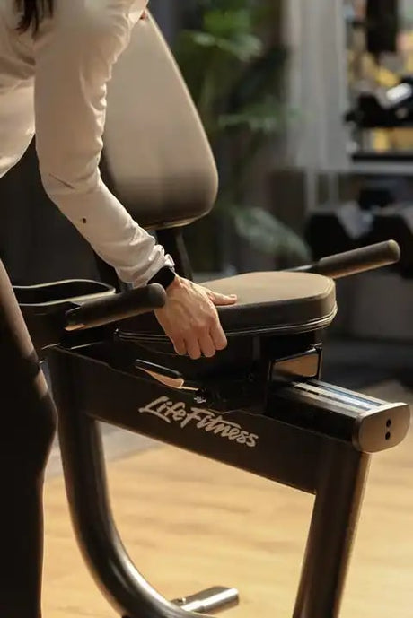 Life Fitness Atmos Recumbent Bike angled seat carriage and step-through frame