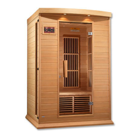 Two person Maxxus far infrared sauna in hemlock with glass door, angled left