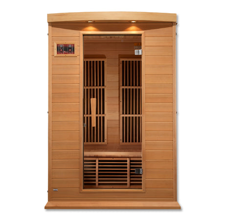 Front view through the glass door showing the bench and back-wall heaters