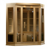 Three person corner far infrared sauna in hemlock with angled glass door