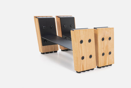 Oak HiRise Kit with black steel brackets and oak legs, angled view
