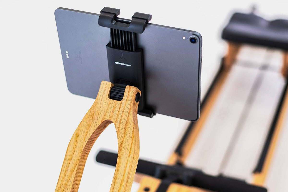 WATERROWER MEDIUM TABLET HOLDER FOR 156-220CM WaterRower Add-on installed items on all cardio. Laptop stands, hi-rise kits, cross-circuit kits, attachable TVs, myRide displays wr-tablet-holder-main-grey